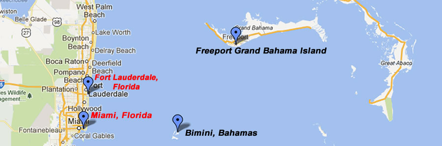 Map of cruises to Bimini and Freeport Bahamas from Fort Lauderdale, Miami, or Palm Beach